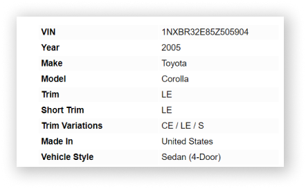 Vehicle Specifications Samples