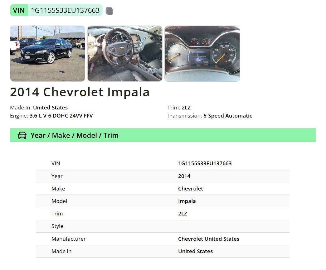 Chevrolet VIN decode sample result