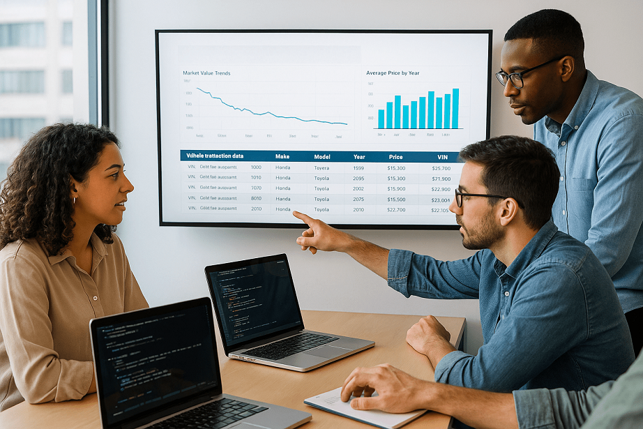 Car dealers reviewing real-time market data