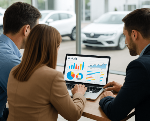 Car dealers reviewing real-time market data
