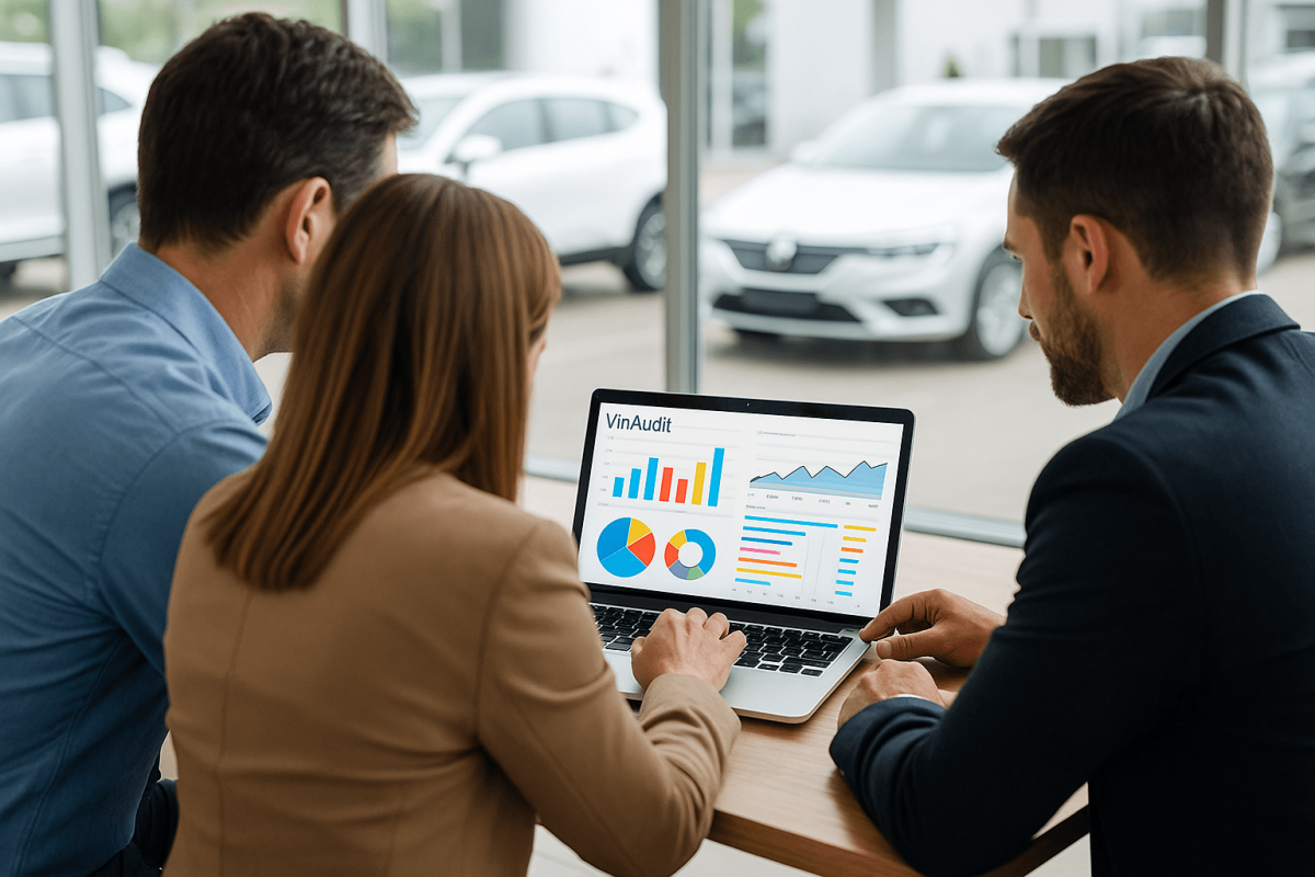 Car dealers reviewing real-time market data