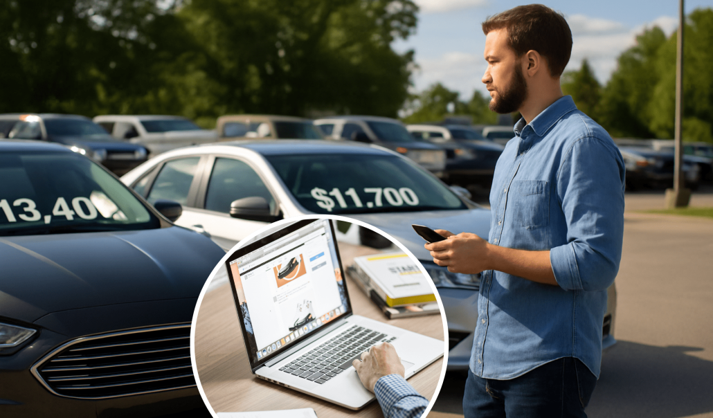 car buyer reviewing used car options